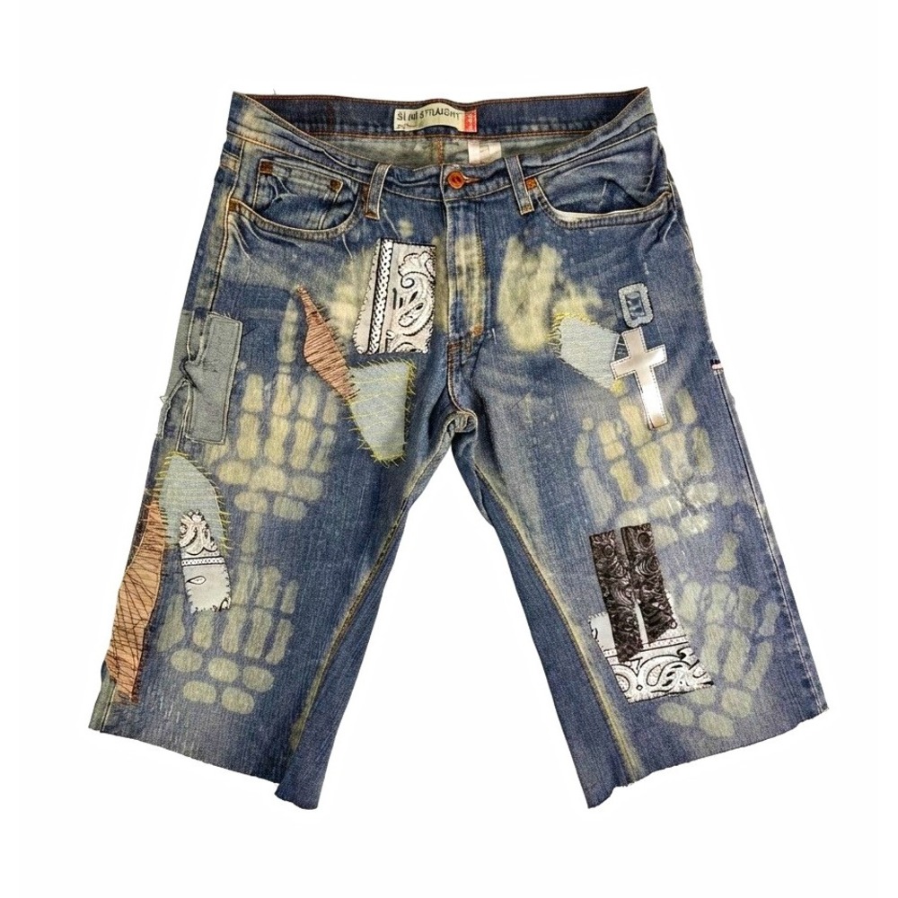 Levi's 514 Men's Slim Straight Blue Denim Cut-Off Shorts Distressed Patchwork